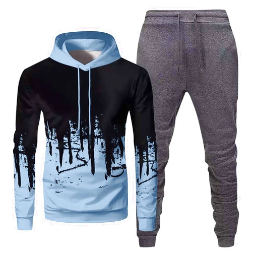 Generic Womens Fashion Street Graffiti Outfit Gradient Color Hoodies Set Sport Jogger 2 Piece Tracksuit Patchwork Sweatsuit