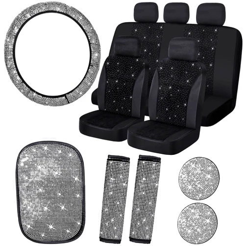 Frienda 15 Pieces Bling Velvet Fabric Car Seat Covers Full Set Black Car Accessories for Women, Diamond Steering Wheel Cover Rhinestone Crystal Seat Belt Cover, Center Console Pad Decor (White)