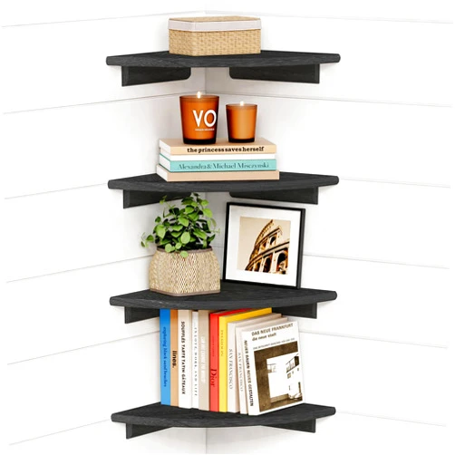 Forbena Black Floating Corner Bookshelf for Wall Set of 4, Large Corner Plant Shelves for Living Room, Rustic Rounded Corner Bookshelves Wall Mounted for Bedroom Books, Kitchen, Closet, Office