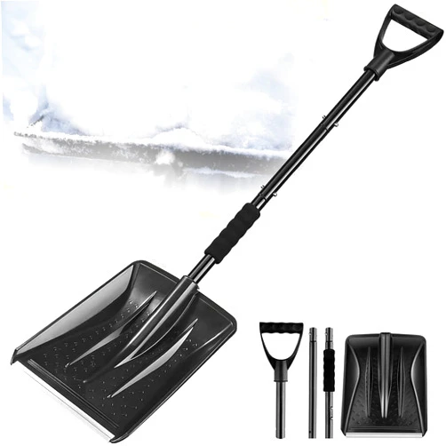 PLACHIDAY Car Snow Shovel, Ergonomic Snow Shovels with Aluminum Handle Heavy Duty Snow Removal, Portable and Utility for Cars, Home, Garden, Mud and Snowman, Black