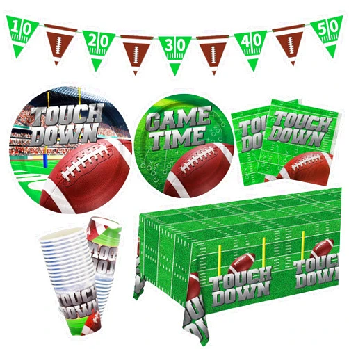 Gatherfun Football Party Supplies Kit Serve 25, Includes Disposable Dinner Plates, Dessert Plates, Napkins, Cups,and Football Tablecloth, Football Birthday Party Tailgate Party Decorations