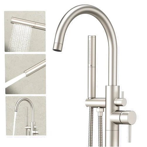 Ryuwanku Freestanding Bathtub Faucet Brushed Nickel Tub Filler Floor Mount Free Standing Metal Bathroom Tub Gooseneck Spout with 2 Function Hand Shower