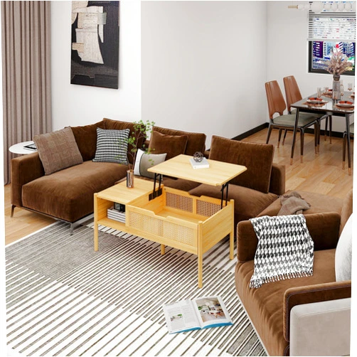 HAOHAOLIFE Modern Design Lift Top Bamboo Coffee Table with 1 Shelf and Hidden Storage Compartment, 39.38 Inch Rectangle Sofa Table, Easy Assemble Cocktail Table for Home, Office