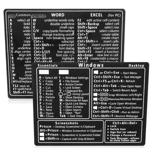 GEEHUA 2 Pcs Laptop Shortcuts Stickers, Word/Excel Quick Reference Guide Keyboard Shortcut Stickers Notebook PVC Keyboard Shortcuts Lable Stickers for Any PC Laptop or Desktop(Black)