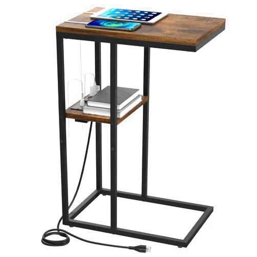Yoobure C Shaped End Table with Charging Station for Living Room, Bedroom, Sofa Table with USB Ports and Outlets for Small Spaces, C Couch Rustic Snack Bed Table