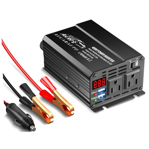 AUCARAUTO 400W Car Power Inverter, DC 12V to 110V AC Car Inverter Converter with Input Voltage Display, 4.8A Dual USB Charging Ports, Dual AC Outlets, Car Pluɡ Adapter Outlet for Laptop - Black