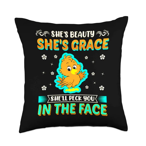 Chicken Gifts - By Tick Tock Beauty Grace She'll Peck You in The Face Cute Chicken Chick Throw Pillow, 18x18, Multicolor