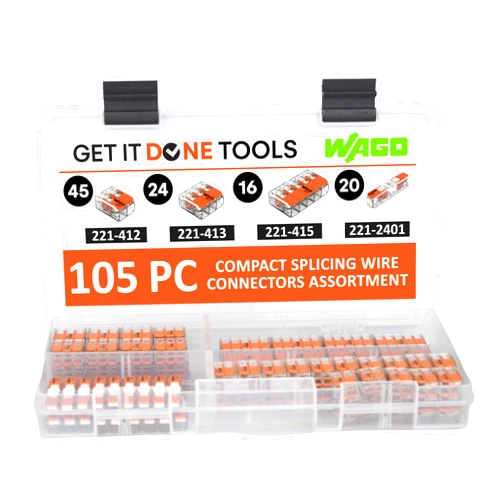 Get It Done Tools WAGO 221 Lever-Nuts 105pc Wire Connector Assortment with Case. Includes (45x) 221-412, (24x) 221-413, (16x) 221-415, (20x) 221-2401