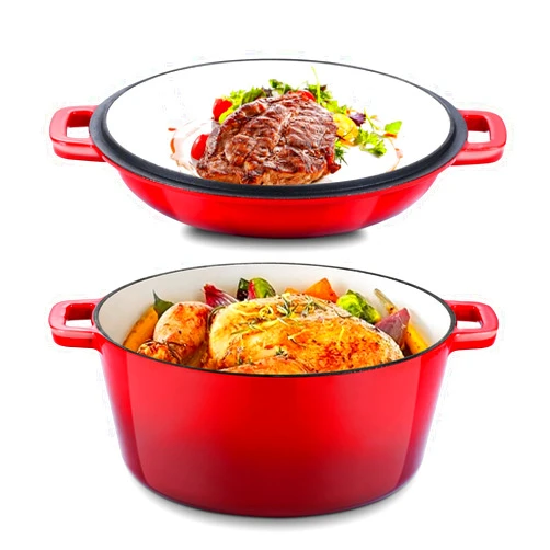 Joyfair 5QT Dutch Oven, Joyfair 2-in-1 Enameled Cast Iron Dutch Oven Pot with 2 QT Skillet Lid, Heavy Duty Oven Safe Cookware for Sourdough Bread Baking Braising Stewing Roasting Cooking, Easy Clean (Red)