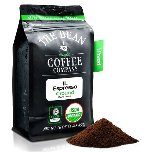 The Bean Coffee Company The Bean Organic Coffee Company Il Espresso, Classic Dark Roast, Ground Coffee, 16-Ounce Bag, Café molido tostado orgánico