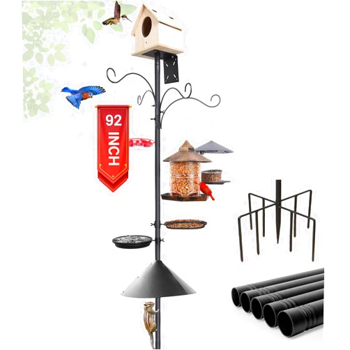 eWonLife 92 Inch Squirrel Proof Bird Feeder Pole with 9 Prongs Base, Adjustable Tall Bird House Pole for Outdoors Heavy Duty, Bird Feeder Stand with Squirrel Baffle, 4 Shepherd Hooks, Birdbath, Tray