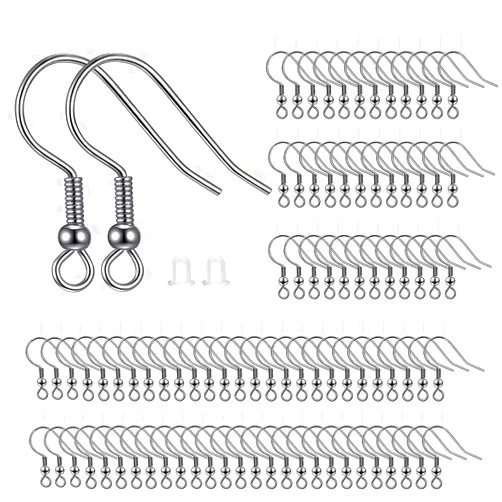 BEADNOVA 300pcs Stainless Steel Earring Hooks with Rubber Backs, Silver, Elegant, Polished, Hypoallergenic, DIY Ear Findings Supplies