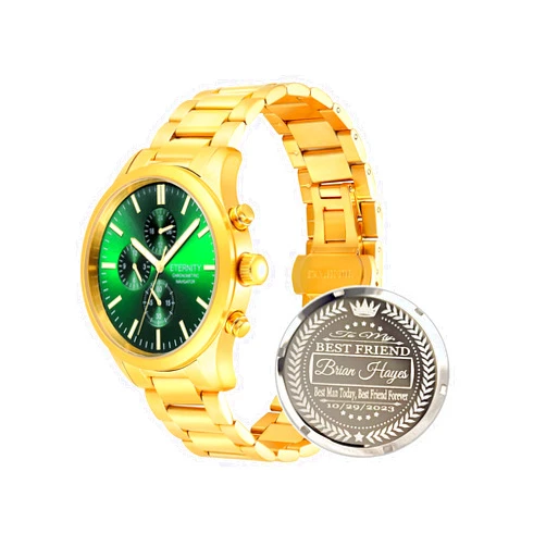 ETERNITY CHRONOMETRIC NAVIGATOR Men's Engraved Watches, Personalized Back Cover, Multi Function, Stainless Adjustable, Quartz Battery, Luminous dial.