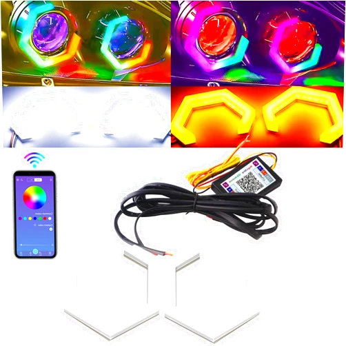 Qasim Hexagon Angel Eyes 86MM RGB APP Control Halo Rings Retrofit Car Motorcycle Light Accessories Decoration DRL Driving Day Light RGB Streamer Amber Turn Signal Light,86MM, 2 Pack