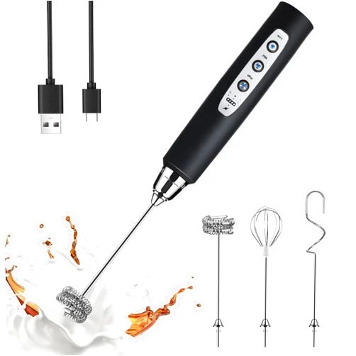 YUSWKO Milk Frother Handheld with 3 Heads, Electric Whisk Drink Foam Mixer with USB Rechargeable 3 Speeds, Mini Frother for Coffee Latte, Cappuccino, Hot Chocolate, Egg - Black