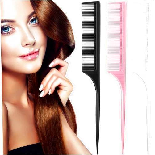 Leinuosen 3 Pack Tail Comb Carbon Fiber Rat Tail Styling Comb Heat Resistant Anti Static Teasing Comb for Back Combing Root Teasing Adding Volume Evening Styling (Black, Pink, White)