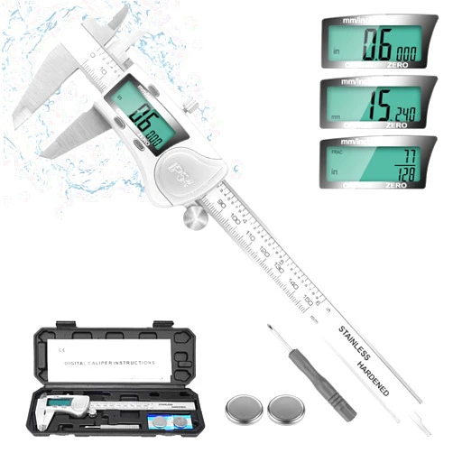 Jiavarry Digital Caliper Measuring Tool, IP54 Waterproof Electronic Micrometer Caliper, Stainlee Steel Vernier Caliper with Large LCD Screen, Inch Metric Fraction Conversion, 6 Inch for Household/DIY