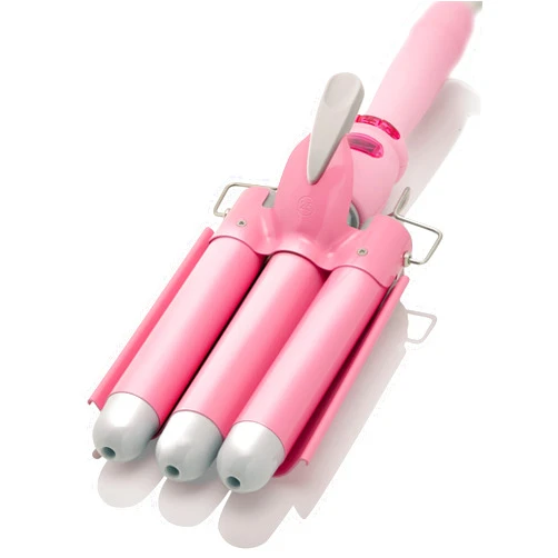 Asani Alure Three Barrel Curling Iron Wand with LCD Temperature Display - 1 Inch Ceramic Tourmaline Triple Barrels, Dual Voltage Crimping Tool, Best Hair Waver for Beachy/Frizz Free Waves (White/Pink)