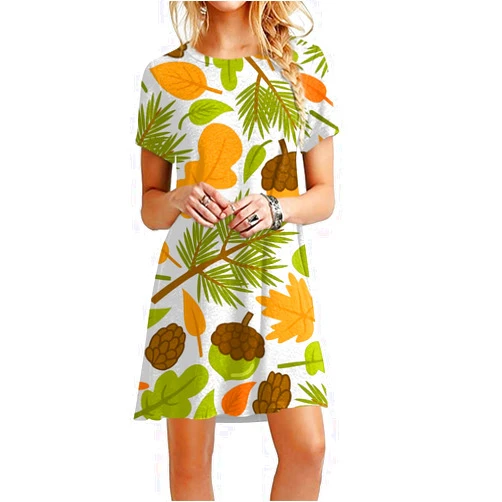 Shusuen Women's Printed Round Neck Short Sleeve Dresses Mid Waist Loose Swing Dress 2023 Fashion Casual Pullover Dress