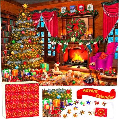 Bestbase Christmas Puppies Advent Calendar 2024 Jigsaw Puzzle - 24 Boxes Packing 1008 Pieces Holiday Puzzle for Adults and Kids, Christmas Countdown Puzzles Gift Decorations 27.5inx19.7in