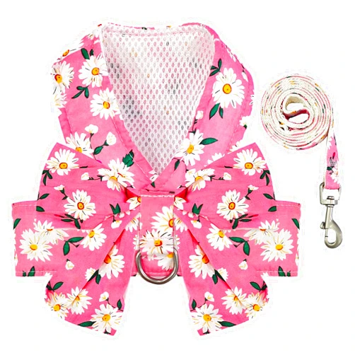 BAEJMJK Dog Harness and Leash Set with Bow Knot No Pull Pet Daisy Floral Harness with D-Ring Soft Mesh Dog Harness Vest Set Escape Proof Princess Puppy Harness for Small Girl Dogs Cats（Pink M）
