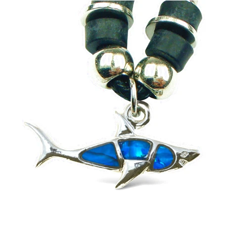 Puzzled Aqua79 Blue and Silver Shark Necklace - Shark Jewelry Bohemian Pendant Necklace For Women and Men, Zinc Alloy and Natural New Zealand Abalone Jewelry Paua Shell - 18 Inches Long