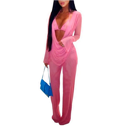 EDITCOZY Women Mesh Sheer 3pcs Outfits Long Sleeve Top Long Pant Bikini Cover Up