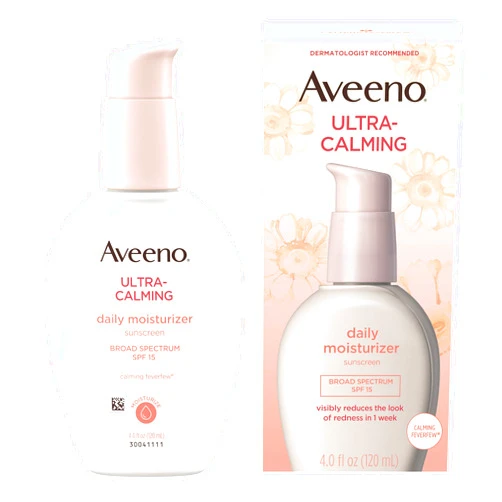 Aveeno Ultra-Calming Daily Facial Moisturizer for Sensitive, Dry Skin with Broad Spectrum SPF 15 Sunscreen, Calming Feverfew & Nourishing Oat, Oil-Free & Hypoallergenic, 4 fl. oz Ultra Calming Moisturizer