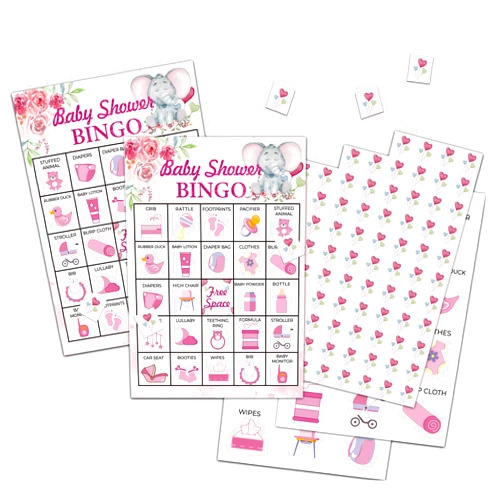 Chuxvon Pink Elephant Bingo Cards, Blush Pink Floral Baby Shower Bingo Game for 24 Players, Gender Reveal Party Games, Family Friends Activities, Baby Shower Party Favors Supplies Decorations(B01)