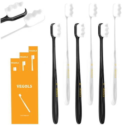 VEGOLS Adult Extra Soft Toothbrush with 20000 Soft Bristles, (Pack of 6) Micro Nano Manual Toothbrushes for Protect Sensitive Gums, Black/White