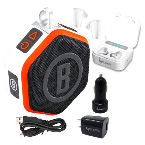 Wearable4U Bushnell Wingman Mini Orange/White GPS Bluetooth Speaker with Wearable4U Ultimate White Earbuds and Wall/Car Chargers Bundle