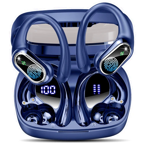 Poounur Wireless Earbud, Sport Bluetooth 5.3 Headphones with Earhooks Bluetooth Earbud in-Ear with Deep Bass Stereo 50H Playtime, Wireless Earphones Dual LED Display, IP7 Waterproof, Running, Deep Blue