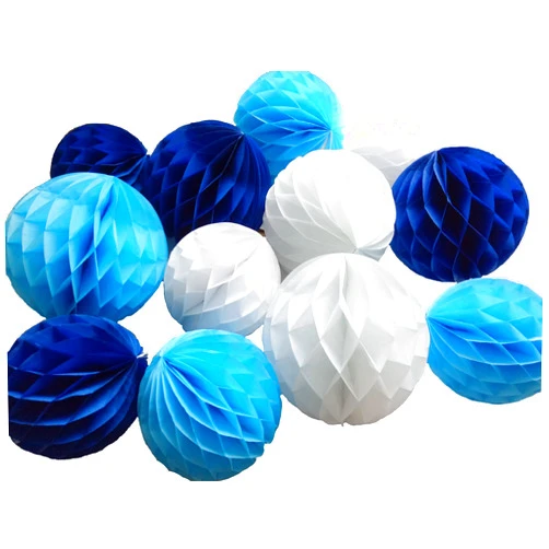 Dailymall Daily Mall 12Pcs 8inch 10 inch Art DIY Tissue Paper Honeycomb Balls Party Partners Design Craft Hanging Pom-Pom Ball Party Wedding Birthday Nursery Decor (White Blue Navy Blue)