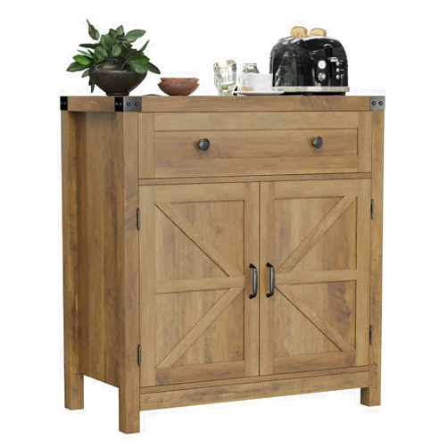 HOSTACK Coffee Bar Cabinet, Kitchen Storage Cabinet, Modern Farmhouse Buffet Sideboard with Drawer and Adjustable Shelf, Barn Door Accent Cabinet for Kitchen, Dining Room, Entryway,Rustic Brown