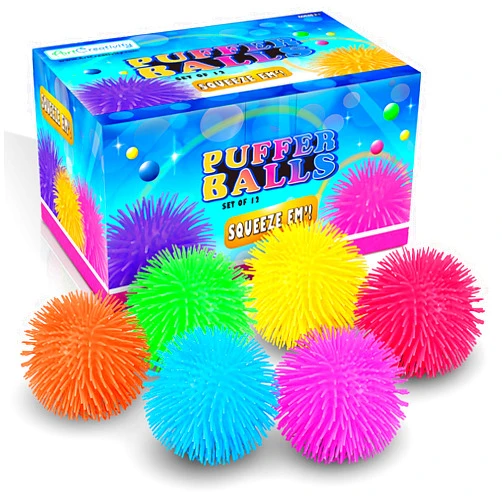 ArtCreativity Puffer Balls - Pack of 12 - Spiky, Soft and Squeeze Stress Relief Balls for Kids and Adults - Calming Sensory Balls for Autistic Children, Birthday Party Favors for Boys and Girls