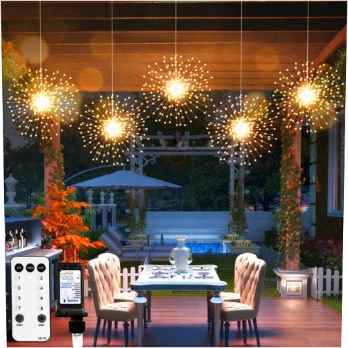 DoonDar 5 Pack Firework String Lights Christmas Lights, 200 LED 8 Modes Hanging Starburst Lights for PartyGarden Decoration (Warm White)