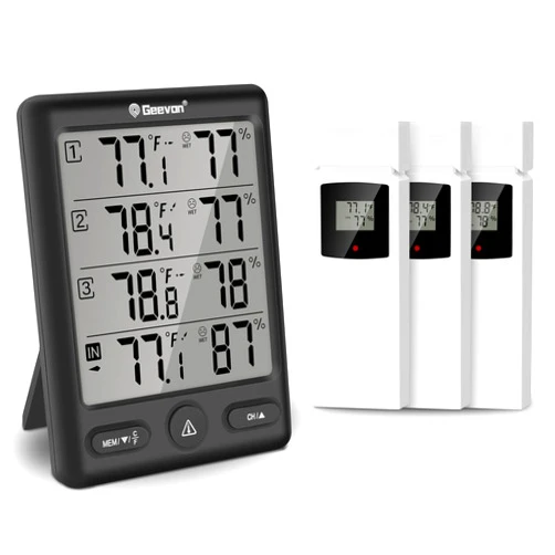 Geevon Indoor Outdoor Thermometer Wireless with 3 Remote Sensors, Digital Hygrometer Thermometer, Wireless Temperature Humidity Monitor Gauge with 200FT/60M Range (Black)