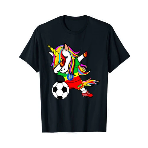 Teeisle Ethiopia Soccer Dabbing Unicorn Ethiopia Football - Ethiopian Flag Soccer T-Shirt