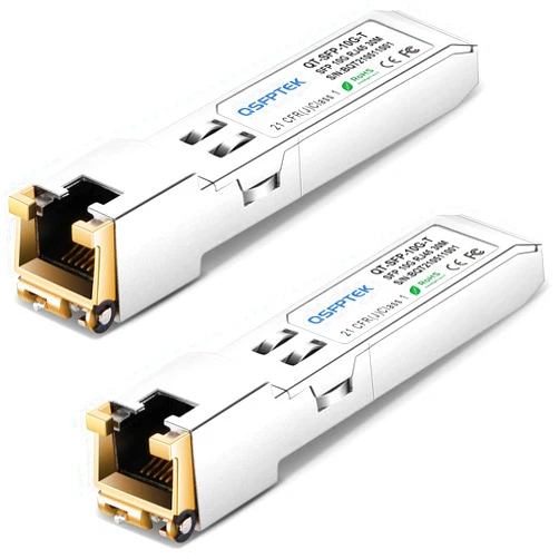 QSFPTEK 2Pack 10GBASE-T SFP+ Module, 10G SFP+ to RJ45 Copper, 10gbe SFP Ethernet Optical Mini-GBIC Transceiver for Cisco SFP-10G-T-S, Ubiquiti UF-RJ45-10G, Netgear, Mikrotik, Supermicro, Fortinet, CAT6A/CAT7