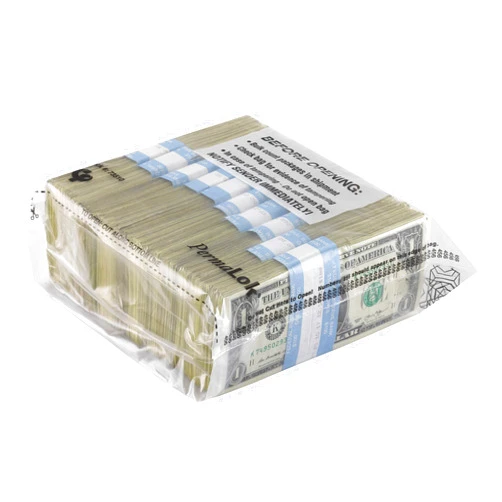 CONTROLTEK PermaLOK Tamper-Evident Deposit Bags w/Red Fracture Adhesive, Currrency Packout Bag, 5 Strap/500 note capacity, 3