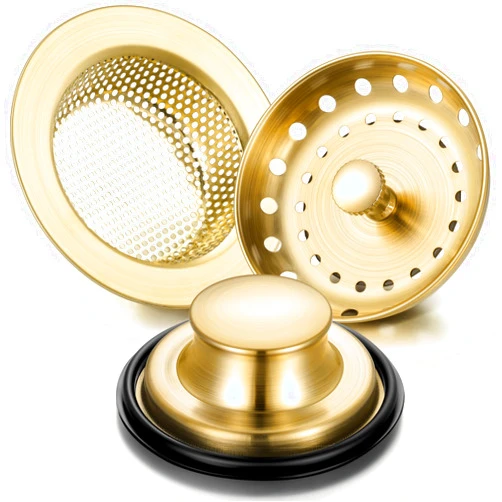 Mudder 3 Pcs Kitchen Sink Drain Strainer and Stopper Stainless Steel Garbage Disposal Plug with Handle Universal Anti-Clogging Kitchen Sink Filter Sieve Basket Strainer(Brushed Gold)