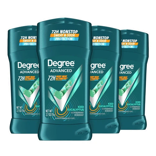 Degree Men Advanced Antiperspirant Deodorant Stick Ice Eucalyptus 4 Count 72-Hour Sweat and Odor Protection Deodorant for Men with Body Heat Activated Technology 2.7 oz