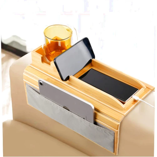 GIIFER Couch Cup Holder Tray，Couch arm Table with Side Storage Pocket，Couch arm Tray with Anti-Slip Design, Natural Bamboo Sofa Tables for Drinks, Snacks, Cup, Remote and Phone