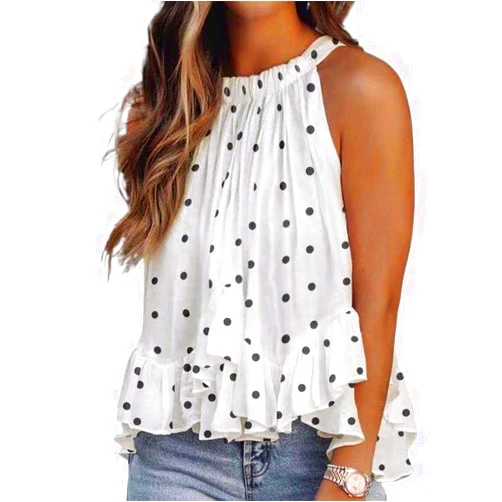 compulsoryking Womens Halter Neck Sleeveless Polka Dot Print Tank Top Loose Tie Back Camisole Tank Tops Pleated Flowy Shirt