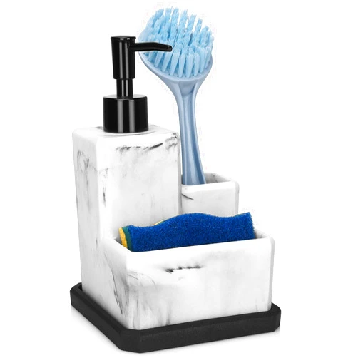 LeucSuiok Soap Dispenser with Sponge Holder and Brush Holder,White Marble 3 in 1 Liquid Hand Dish Soap Dispenser and Sponge Holder Sink Caddy Organizer for Kitchen Bathroom,Removable Bottom Tray
