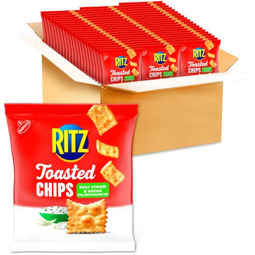 RITZ Toasted Chips Sour Cream and Onion Crackers, Bulk Lunch Snacks, 60 Snack Packs