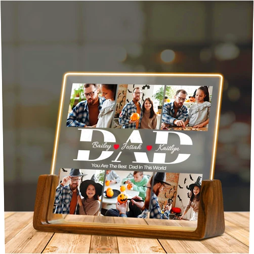 Eternalart Custom Father's Day Gift for Dad, Photo Acrylic Plaque Personalized Night Light, Walnut Photo Frame with Night Light, Unique Romantic Birthday Christmas Gift for Dad from Son and Daughter