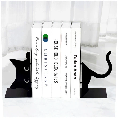 ENCIMART Book Ends Cat Decor Unique Bookshelf, Cute Metal Bookends for Shelves, Black Bookends to Hold Books for Bedroom Library Office School Book Desktop Organizer Cat Lover Gifts