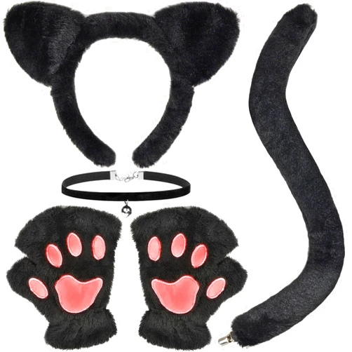 Gofriipai Black Cat Costumes, Cat Ears Headband Cat Tail Cat Paws Gloves Collar Set, Cat Costumes for Women, Halloween Cat Costume Accessories for Adults Girls
