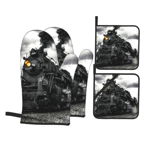 Opumxzb Black and White Steam Train Oven Mitts and Pot Holders Sets 4 Pcs Set, Heat Resistant Oven Gloves Hot Pad for Kitchen Cooking Camping BBQ Gifts for Train Lovers